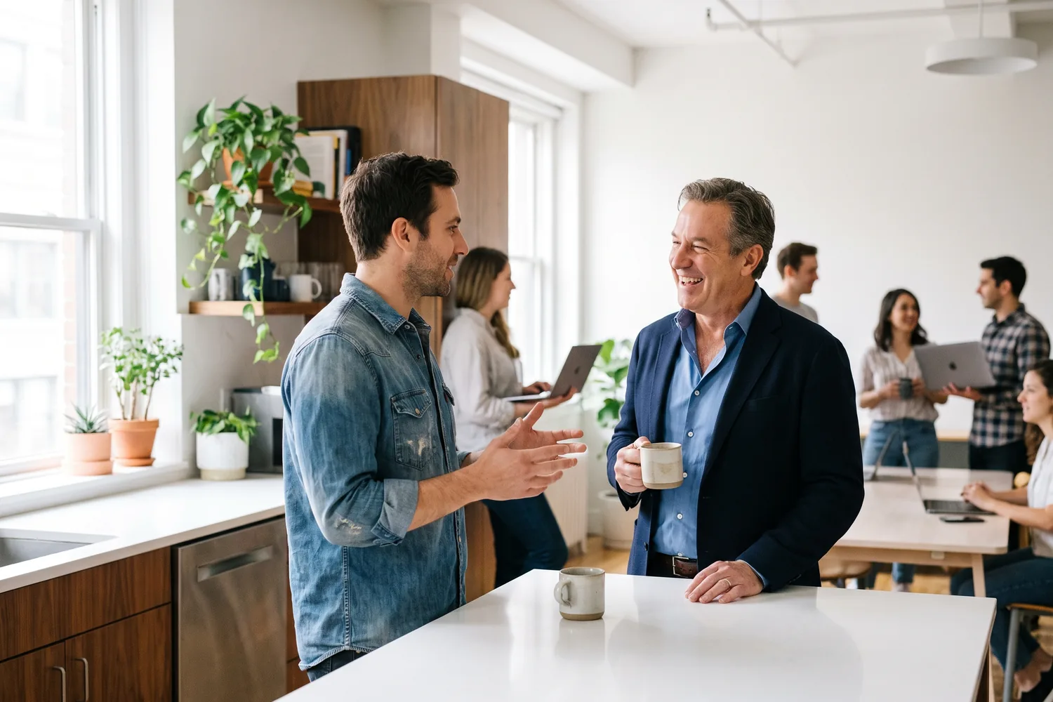 A founder and an experienced executive chat over coffee in a bright startup kitchen as colleagues work behind them