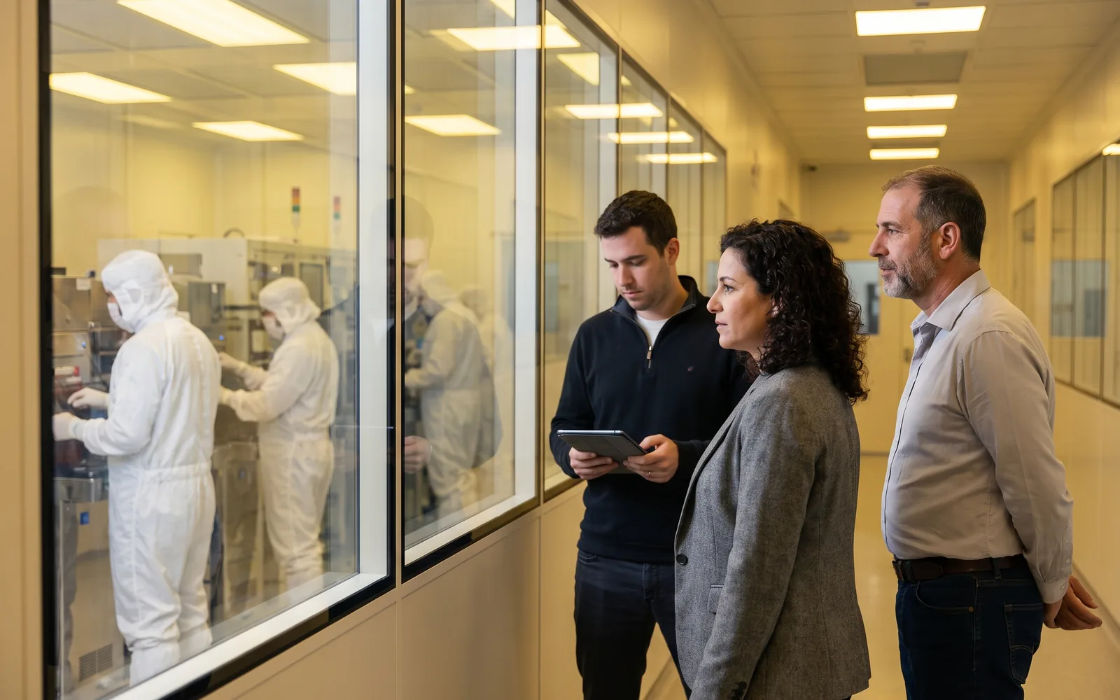 Three executives stand at a cleanroom viewing window, watching technicians in white suits work in a semiconductor fab