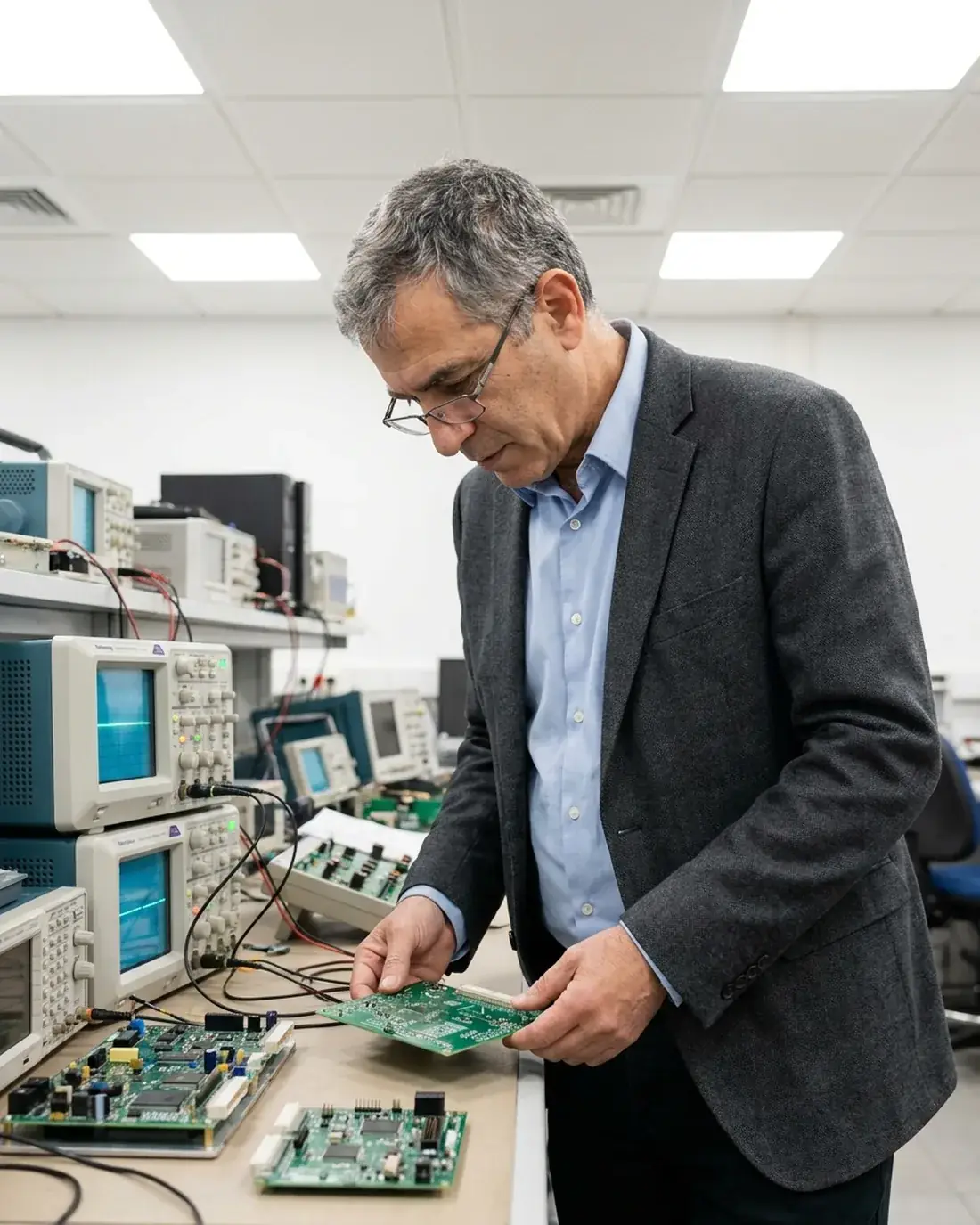 A chief technology officer examines a circuit board at a hardware lab bench lined with oscilloscopes